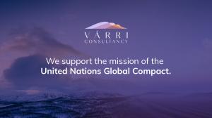 A winter landscape fading into a desert landscape, overlayered with the Várri Consultancy logo and the text "We support the mission of the United Nations Global Compact".