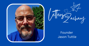 blue background pic of Jason tuttle bald white man wiht glasses and the logo for letters to zachary