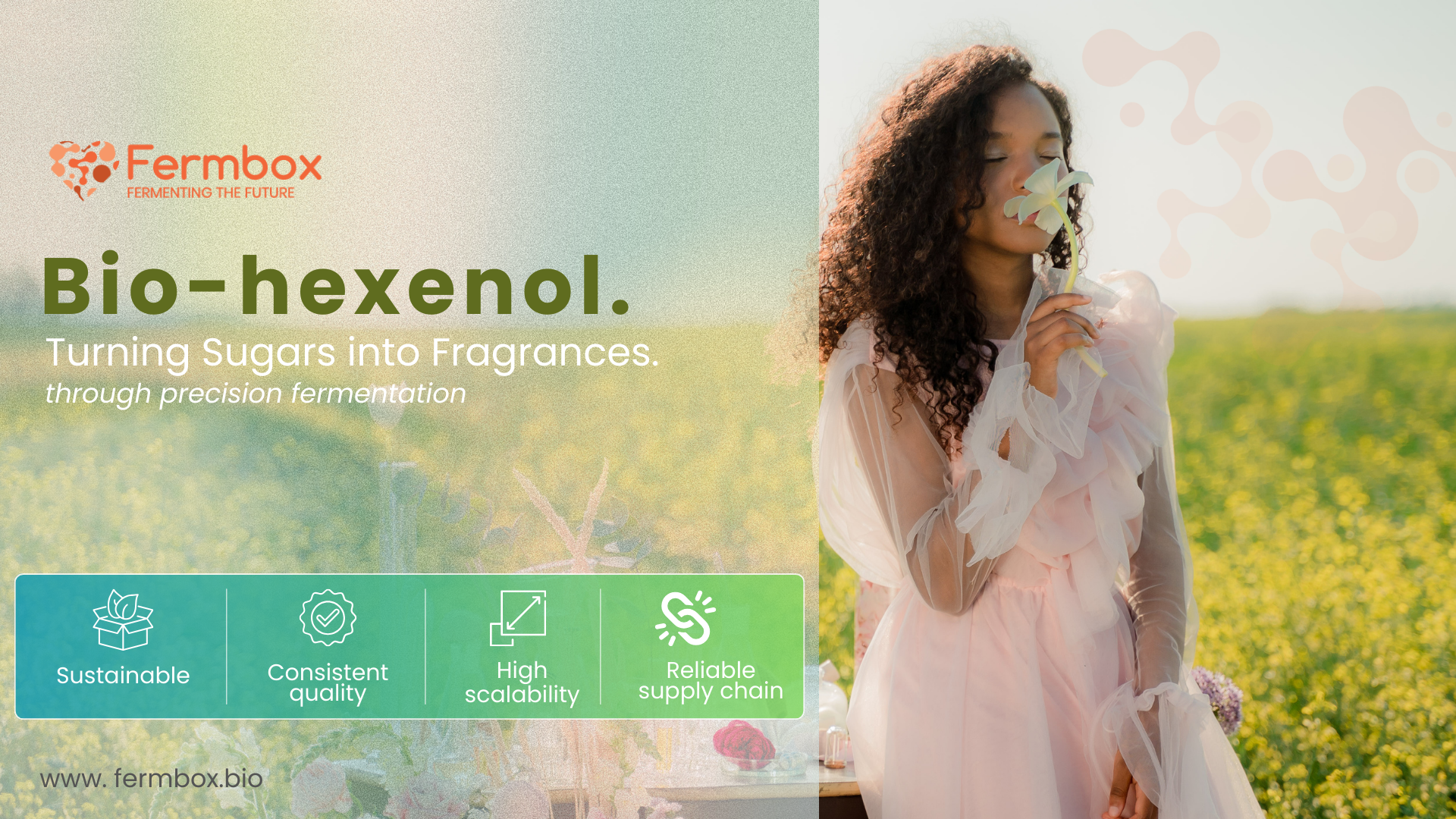 An image from Fermbox showcasing Bio-hexenol, a fragrance ingredient made from sugars through precision fermentation. The image features a woman in a pink dress standing in a field, smelling a flower, symbolizing the natural origins of the fragrance. The 