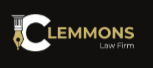 Clemmons Law Firm Logo - the background is dark brown, there is a pen next to the c in Clemmons