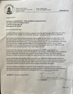 City of Helena letter of support for BSPRA sent to Amit Bose of the Federal Railroad Administration