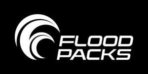 The Flood Packs logo features a bold, white wave icon on a black background, reflecting the brand's emphasis on fluidity and movement. The clean, modern font used for the name "Flood Packs" reinforces the product’s minimalist and functional design approac