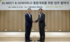 Kang Nam-hoon, Chairman of the H2MEET Organizing Committee (left), and Jang Sung-hyuk, Chairman of the H2WORLD Organizing Committee, shaking hands after the agreement | Photo provided by H2 MEET Organizing Committee