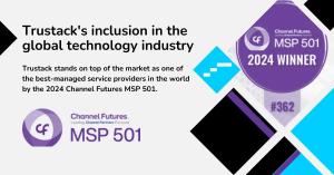 Trustack MSP Cyber Security, IT Services, IT Support. A graphic illustrating Trustack's recognition in the global technology industry. It highlights Trustack as a top service provider by Channel Futures MSP 501 for 2024, marked with a "2024 WINNER" badge