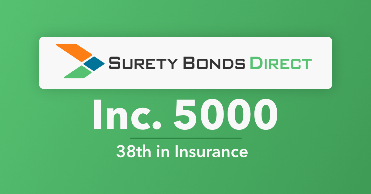 Surety Bonds Direct logo and indicating they were ranked as the 38th fastest growing insurance company by Inc. magazine.