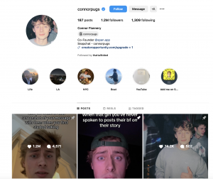 Connor Flannery's Instagram profile, known as 'Connor Pugs,' showcasing his 1.2 million followers, influencer content, and brand collaborations