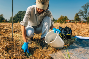 Person collecting soil samples, kneeling on the ground with a shovel in one hand and a bucket in another