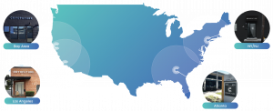 Graphic map showing CryoFuture's current biorepository locations across the U.S., including their West Coast locations: San Francisco/Bay Area and Los Angeles, and their East Coast locations: New Jersey/New York and Atlanta.