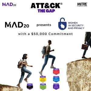 The image is a promotional graphic featuring the "ATT&CK THE GAP" campaign. It shows the logos of MAD20 and WISP, with a note about a $50,000 commitment. The image includes visuals of three individuals walking across a gap, symbolizing progress and advanc