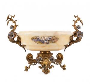 Late 19th century Japonese gilt bronze, champleve and onyx centerpiece created in the manner of the French metalworker and manufacturer Ferdinand Barbedienne (1810-1892) (est. $4,000-$6,000).