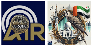 Logos for AI Dubai and Abu Dhabi AI channels on AIR, showcasing regional culture and connecting the world through sound via innovative AI-powered streaming.