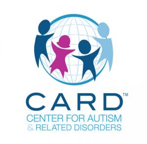 An icon representing the globe is surrounded by stylized colorful children holding hands beneath in blue are the words "CARD Center for Autism and Related Disorders"