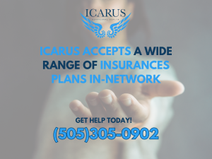 An infographic shows the concept of Icarus Behavioral Health New Mexico proudly accepts many forms of Turquoise Care and private insurances in-network