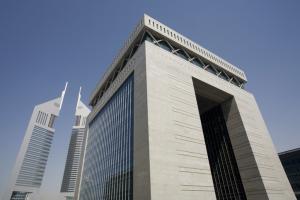 UAE, Dubai, The Gate building of the Dubai International Financial Centre and the Emirates Towers