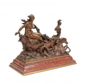 Bronze sculpture on a red marble plinth by Karl Sterrer (Austrian, 1844-1918), titled Mythological Group / Persephone Led by Hippocampi, 13 inches tall, signed “K. Sterrer” (est. $4,000-$6,000).