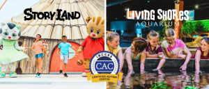 Image split into two sections showing children interacting with characters at Story Land on the left and children exploring exhibits at Living Shores Aquarium on the right, both locations displaying the IBCCES Certified Autism Center™ (CAC) logo.