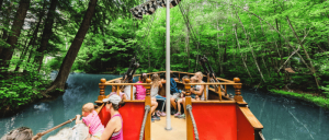 A diverse group of individuals enjoying a boat ride on a serene river, surrounded by lush greenery and calm waters.