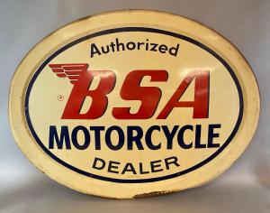 Vintage Authorized BSA Motorcycle Dealer metal advertising sign, made by Stout Sign Co. (St Louis, Mo.), 30 inches by 41 inches, has some rust (est. $1,400-$1,800).