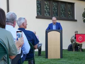 Rep. Cory Maloy, (R-Lehi, Utah) speaks to the community attending the unveiling of the historical marker in front of the Lehi Memorial Building.