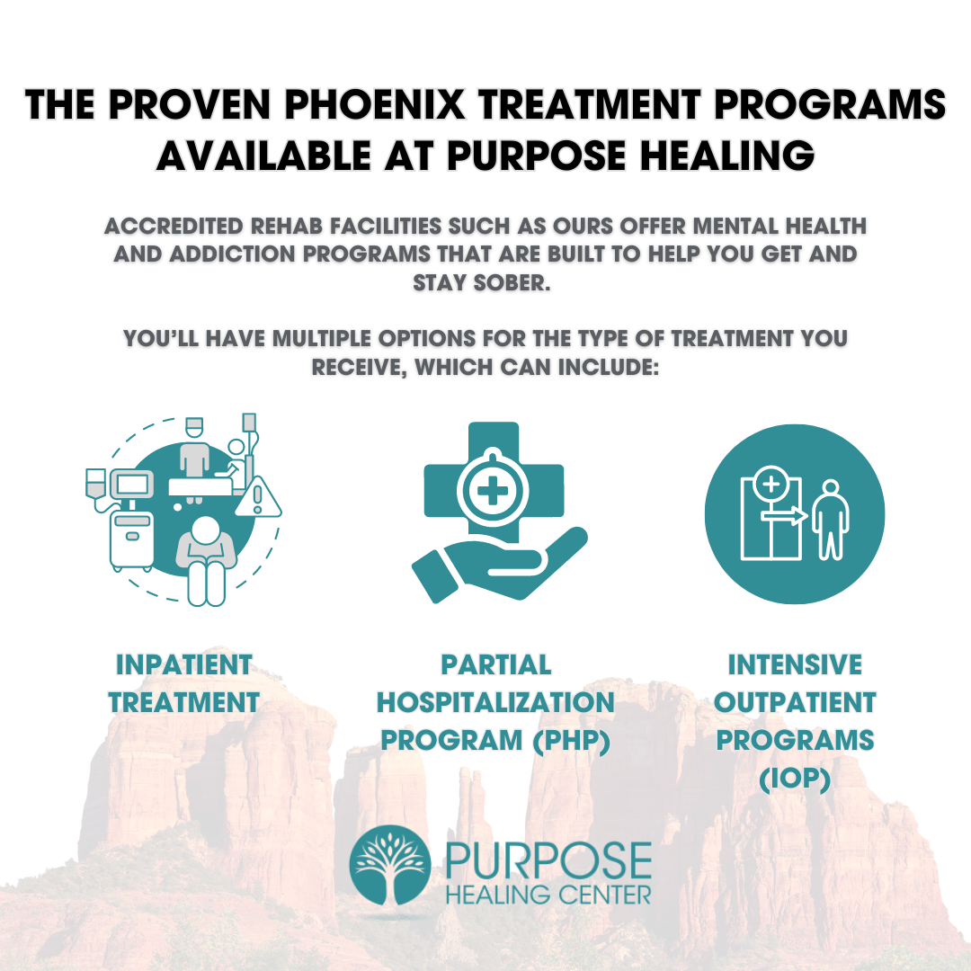 An infographic with types of addiction treatment shows the concept of Purpose Healing Center provides accessible Phoenix rehab options for Valley residents at all levels of care