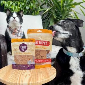 Black and white cat and black and white dog sitting with their Farm to Pet healthy pet treats.