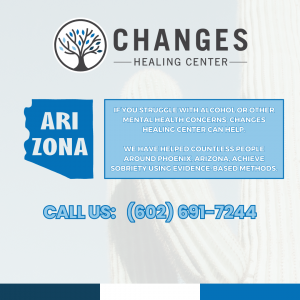 The shape of Arizona with text overlay to show the concept of All calls to Changes Healing Center for insurance verification are confidential and can provide options for support within minutes