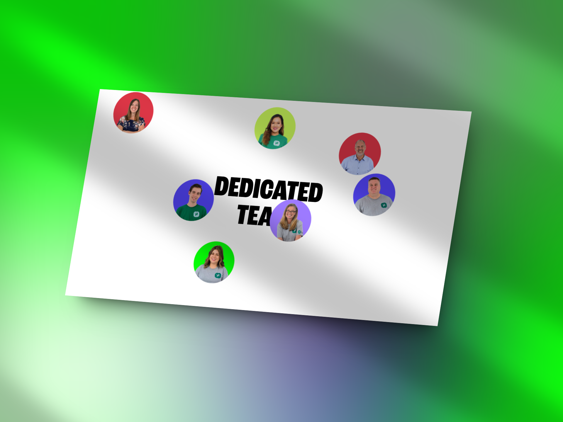 Website mockup featuring the phrase ‘Dedicated Team’ in bold black text at the centre. Surrounding the text are circular images of various team members, each placed against different coloured backgrounds, creating a floating effect on a white background.