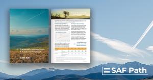 excerpt of the report "Sustainable Aviation Fuels: A 30,000 Foot Perspective" with a sky background and contrails