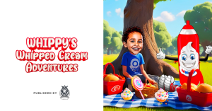 Whippy, the whipped cream character, and a smiling child named Zayne sit on a picnic blanket surrounded by cupcakes and candies, illustrating a scene from Whippy’s Whipped Cream Adventures by Rodger A. Kaufman.