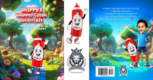 The book cover of Whippy’s Whipped Cream Adventures featuring Whippy, a cheerful whipped cream character, in a colorful candy-filled forest alongside a happy child, promoting a fun and imaginative story.