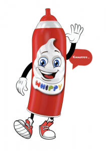 A cartoon image of Whippy, a cheerful whipped cream can character, waving and smiling. Whippy is the main character in Rodger A. Kaufman’s book Whippy’s Whipped Cream Adventures.