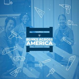 Three volunteers build beds, Bunks Across America event logo, hand-drawn illustrations of tools, blue overlay.