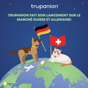 chien et chat illustrés tenant des drapeaux allemands et suisses. Avec des mots sur la photo indiquant que Trupanion a été lancé en Allemagne et en Suisse.