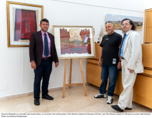 Fine Art Shippers co-founder Ilya Kushnirskiy, co-founder and chief guide of the Moshe Castel Art Museum Eli Raz, and Moshe Castel Art Museum curator Alek Epstein