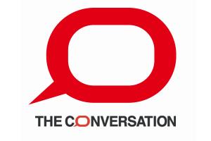 The conversation logo. Red bubble indicating talking and The Conversation below.