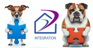 Image of two dogs, each holding a puzzle piece, signifying how easy it is to connect two services through RealtyJuggler Integration Training.