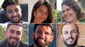 Clockwise from top left: Carmel Gat, Eden Yerushalmi, Hersh Goldberg-Polin, Ori Danino, Almog Sarusi and Alexander Lobanov, in photos released by the Hostages and Missing Families Forum.