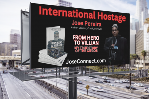 street billboard of Jose pereira and his book from hero to villian