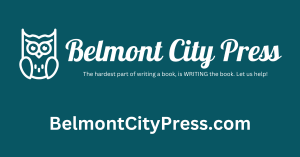 white owl and belmont city press on dark teal background