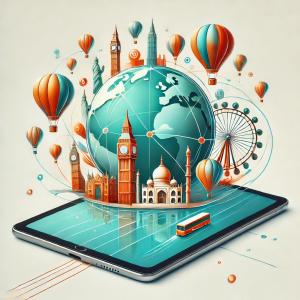 An illustration of a globe on a tablet, surrounded by landmarks like Big Ben and hot air balloons, with vibrant turquoise tones and elegant lines connecting the destinations, representing Tripographer’s organized travel planning process.