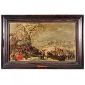 Oil on board winter village scene attributed to Hendrick Avercamp (Dutch, 1585-1634), 18 inches by 30 ½ inches and housed in a 38 inch by 25 inch frame (est. $5,000-$10,000).