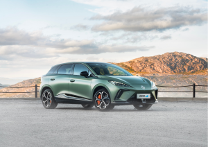 The MG4 EV, a fully electric compact hatchback, featuring a cutting-edge aerodynamic design, sharp LED headlights, and a futuristic front grille. This zero-emission vehicle offers advanced electric powertrain technology with impressive range and efficienc