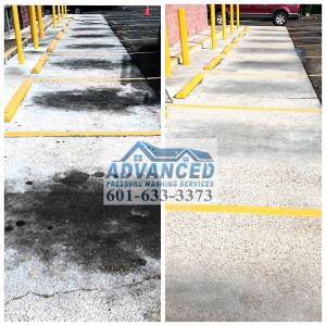 An image showcasing professional commercial parking lot cleaning using hot water. The powerful hot water cleaning method removes oil stains, grime, and debris, leaving the concrete spotless and safe. Ideal for high-traffic areas, this process ensures a cl