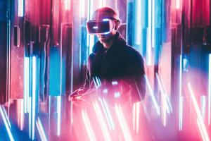 Person Using VR Headset in Abstract Environment