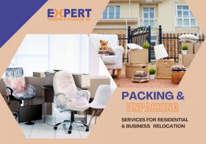 The image showcases how the company offers packing and unpacking services for residential and business relocations with office and home items packed in boxes.