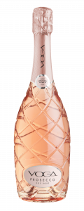 VOGA Italia Prosecco DOC Rosé bottle: clear glass so the rosé color shows through, etched in a large diamond pattern