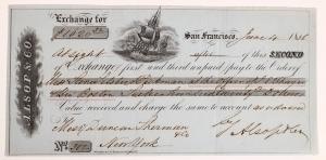 Exchange note from Alsop & Co., one of the earliest San Francisco banks, dated June 4, 1856, issued to Duncan, Sherman & Co., with a nice vignette of three sailing ships (est. $700-$2,000).
