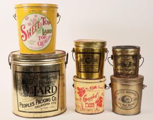 Collection of six Oklahoma lard tins with lids dating from around 1910-1930, all showing some rust but as a group a surefire conversation starter that displays well (est. $400-$1,000).