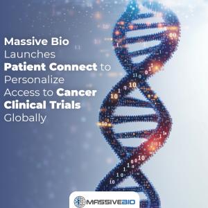 A digital graphic showcasing a DNA strand made of binary code with glowing elements, symbolizing biotechnology. To the left, white bold text reads 'Massive Bio Launches Patient Connect to Personalize Access to Cancer Clinical Trials Globally.' The Massive