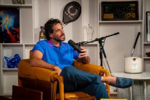 The new Alex Perry On Fire podcast studio features memorabilia from the host's life, include mementos from his grandfather, Wimbledon champ Fred Perry.